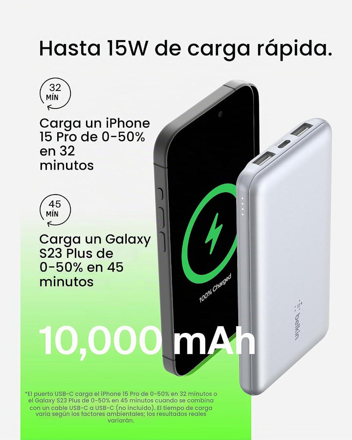 Cargador portátil Belkin, banco de energía USB C de 10,000 mAh con...