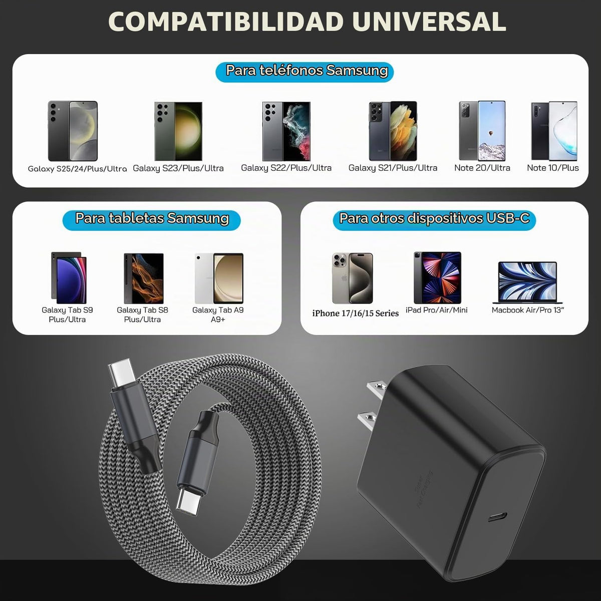 Paquete de 2 Cargador Súper Rápido Samsung de 45W Tipo C, Cable de Carga Tipo C de 10 Pies con Cargador Samsung USB C Cable USB C-C de 10 Pies para Samsung Galaxy S25/S24+/Ultra/S22/S21/S20, iPhone17