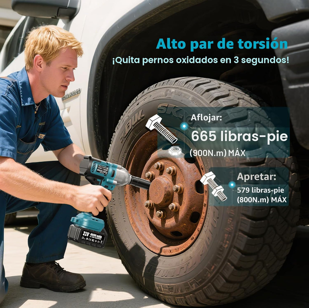 Seesii Llave de impacto 665 FT-LBS (900N.m) 3300IPM Pistola de impacto 1/2 de alto par eléctrico de impacto, llave de impacto inalámbrica con batería de 21 V, 2 x 4.0 Ah, 6 enchufes y estuche para el hogar, herramienta de extracción de tuercas de llanta d