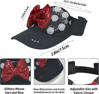 Sombrero brillante con visera de orejas de ratón para mujeres adultas, gorra ajustable con lazo de orejas de ratón de lentejuelas, lindo sombrero de visera con purpurina para parques temáticos y festivales, color negro