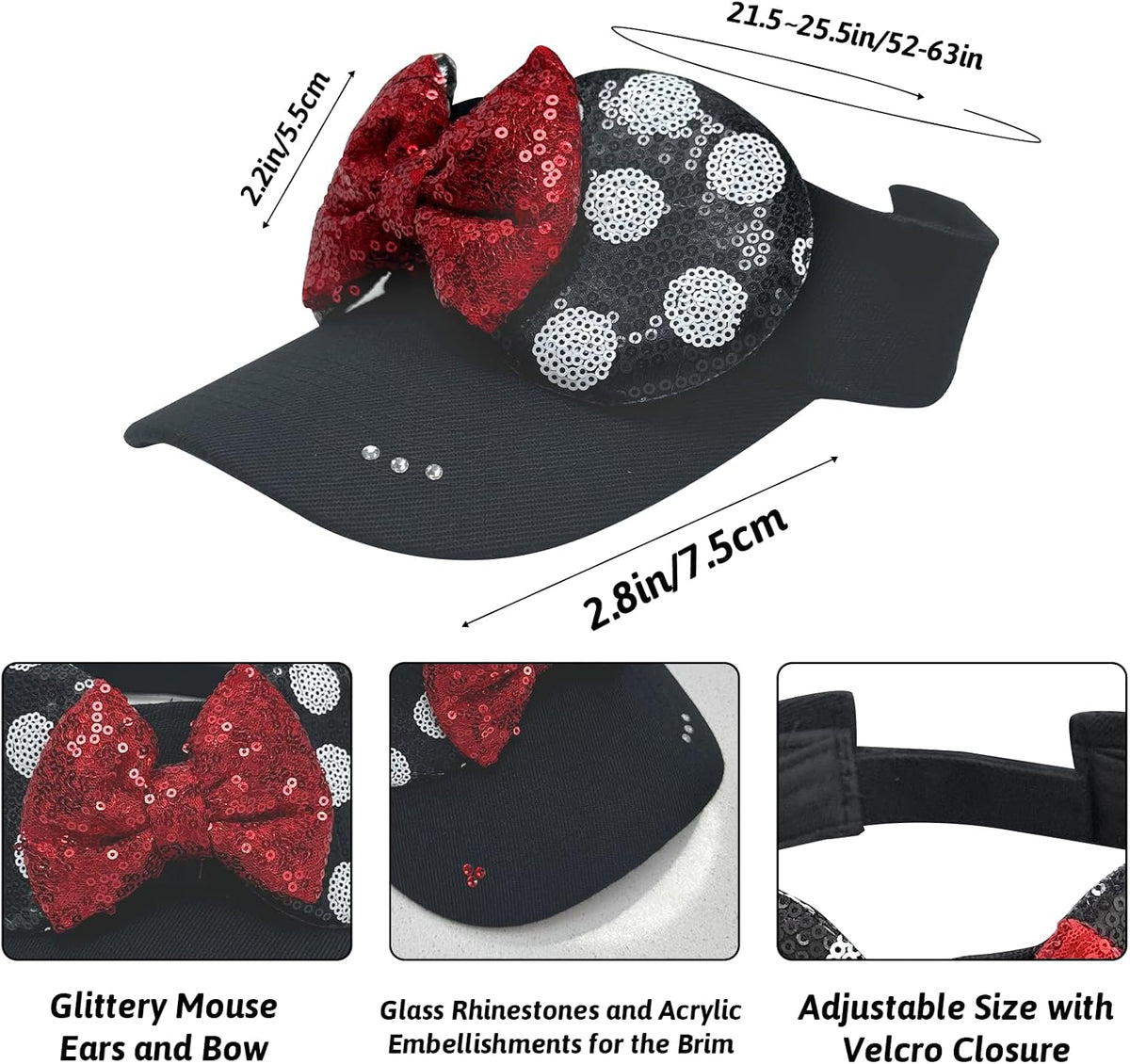 Sombrero brillante con visera de orejas de ratón para mujeres adultas, gorra ajustable con lazo de orejas de ratón de lentejuelas, lindo sombrero de visera con purpurina para parques temáticos y festivales, color negro