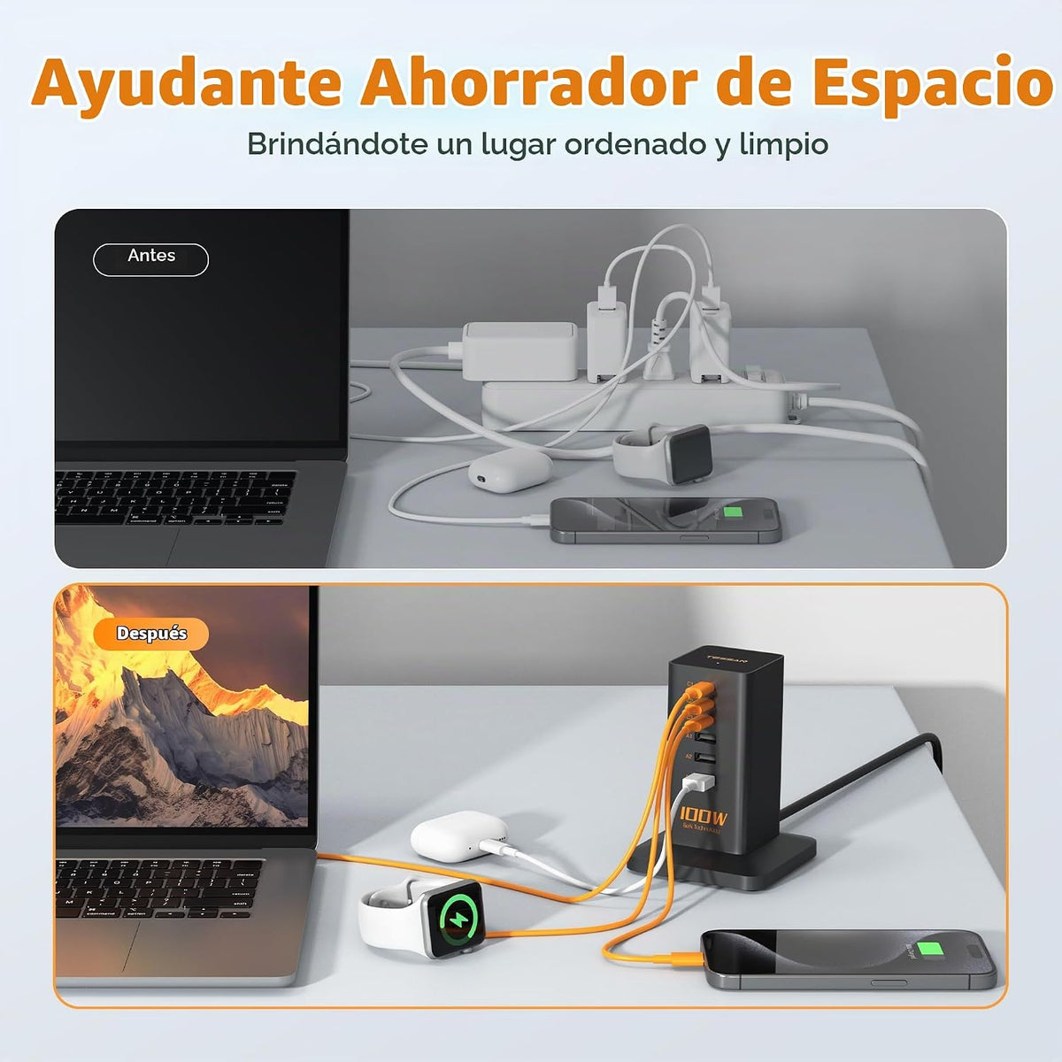 TESSAN Estación de Carga USB de 100W para Múltiples Dispositivos 6-en-1 Cargador USB