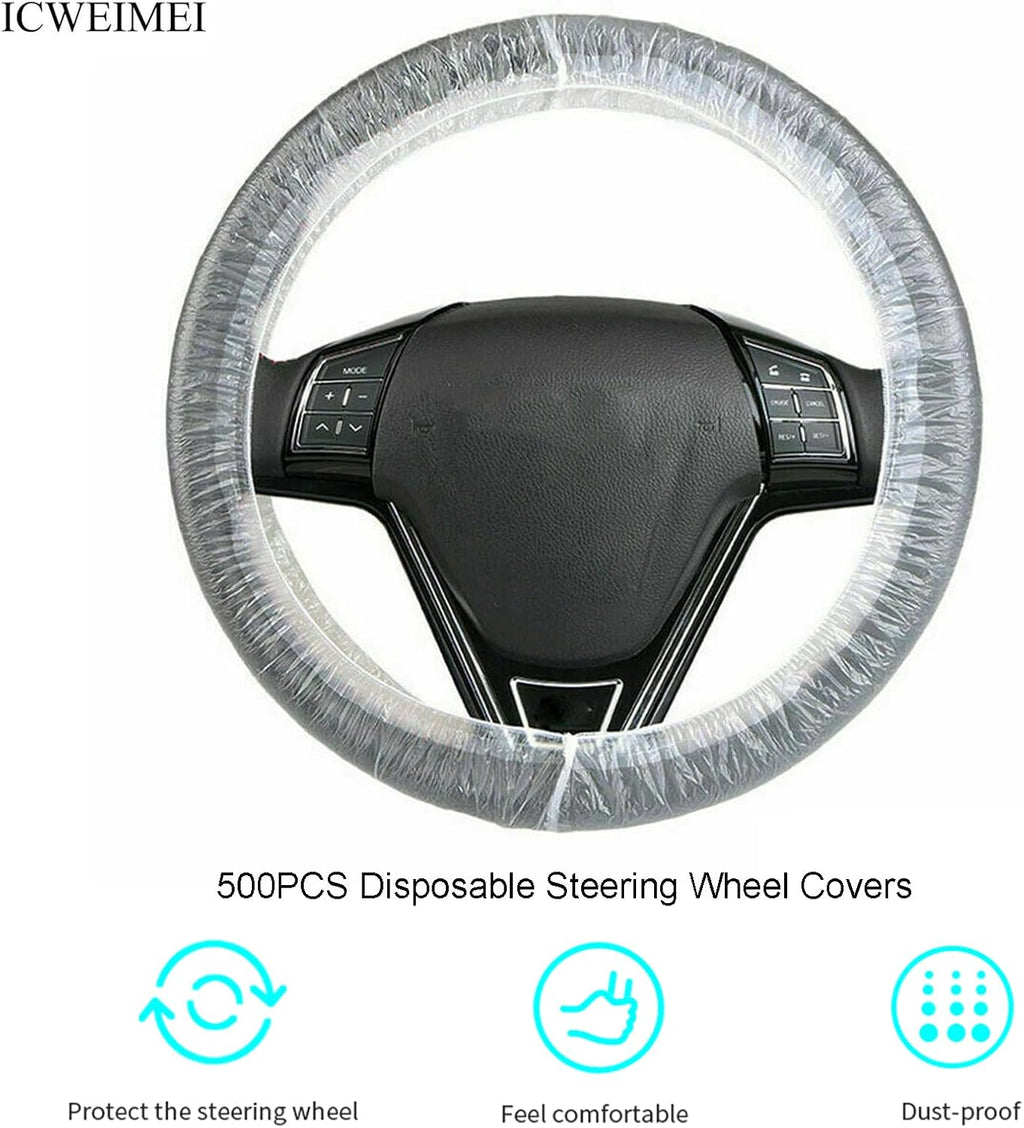 ICWEIMEI - 500 unidades de fundas universales desechables para volante de coche de plástico transparente con bordes elásticos para volantes