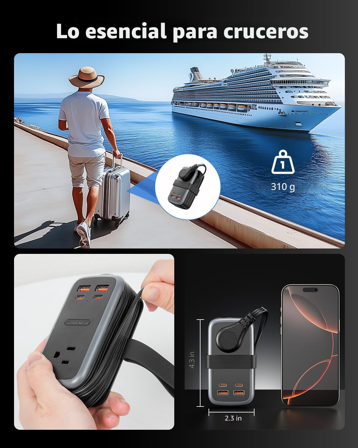 NTONPOWER GAN Ultra - Estación de carga rápida USB de 65 W, regleta de alimentación de viaje 7 en 1 con 3 tomas, 4 USB (2 C), cable de extensión de 4 pies, esenciales de viaje, Cruise Essentials 2026, compatible con MacBook, iPhone