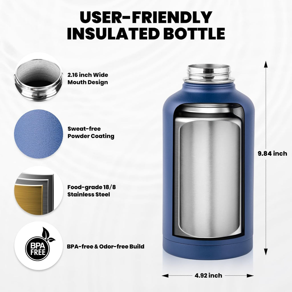 RAYMYLO - Botella de agua aislada de 64 onzas, acero inoxidable de triple pared al vacío (fría durante 48 horas), a prueba de fugas y sin BPA, jarra de agua de medio galón con asa de paracord y tapas