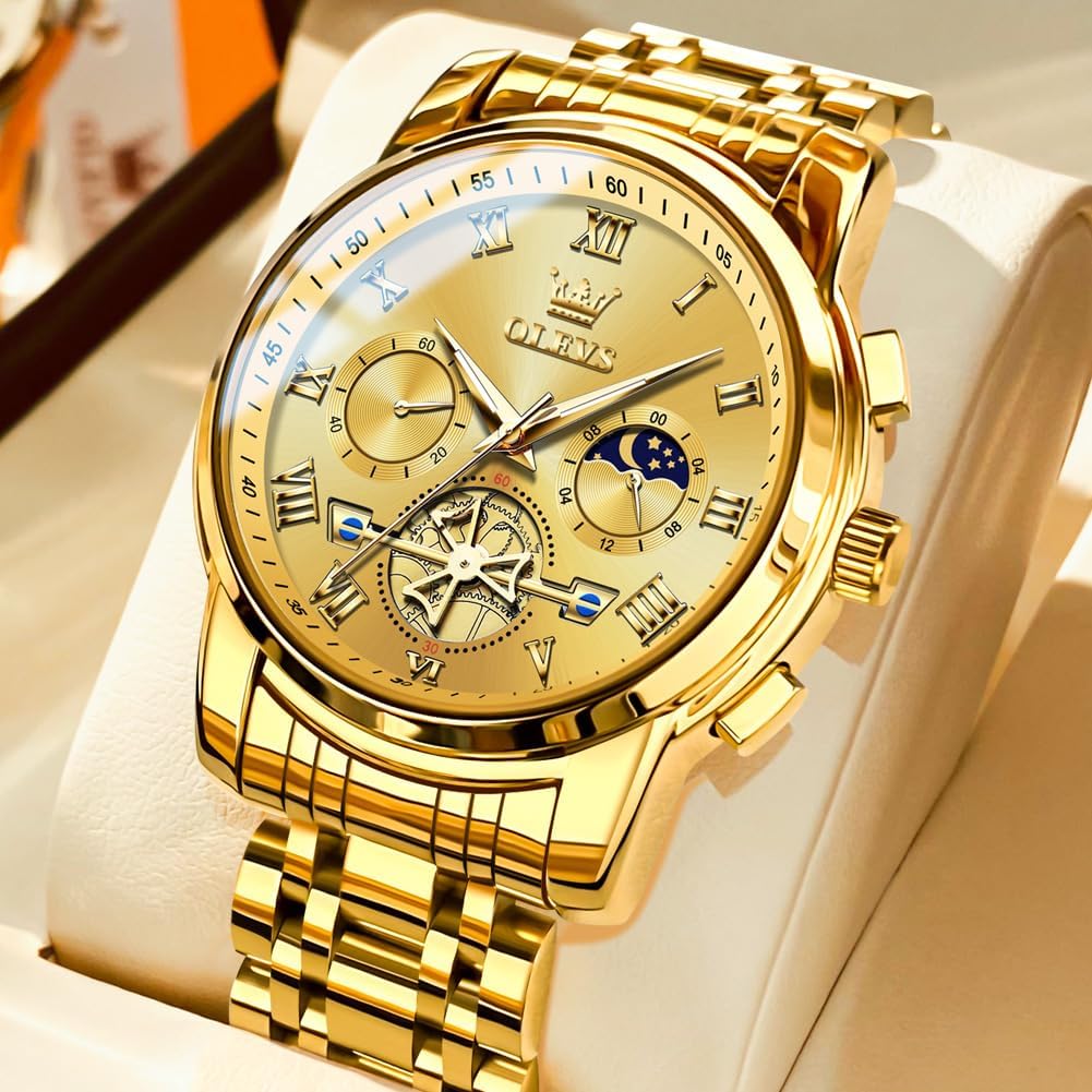 OLEVS Relojes para hombre, resistente al agua, de lujo, gran cara, reloj analógico de cuarzo de acero inoxidable, relojes de vestir analógicos para hombre, luminoso, multifuncional, reloj de hombre