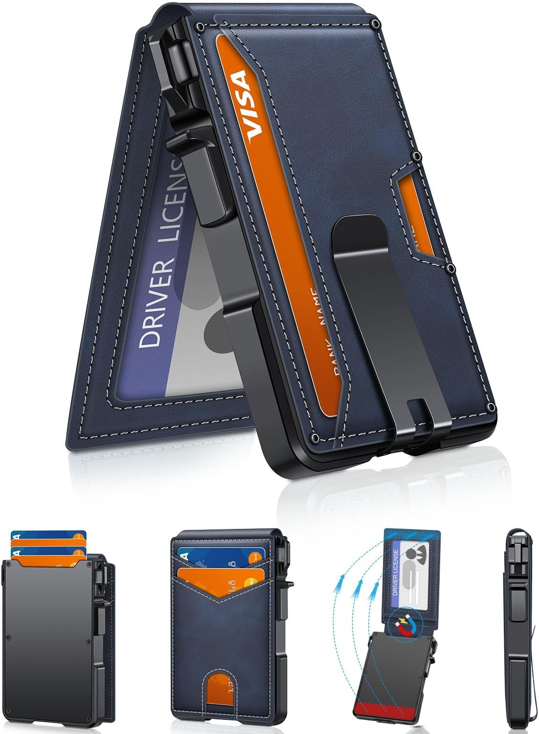 Cartera minimalista para hombre 9-13 tarjetas RFID bloqueo cartera delgada, Azul marino