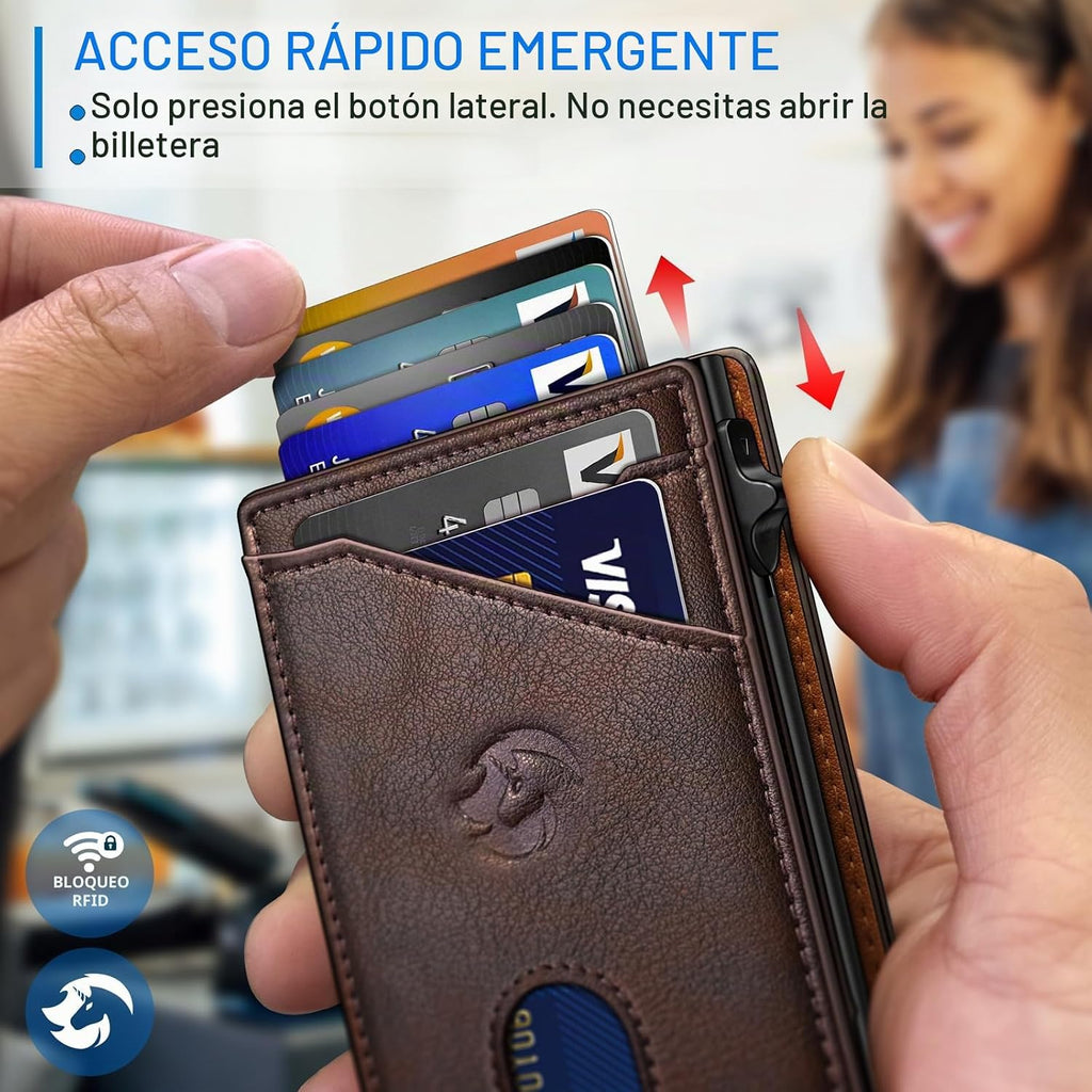 Cartera para hombre, tarjetero desplegable delgado con bloqueo RFID, billetera plegable minimalista con 9 ranuras para tarjetas, ventana de identificación y bolsillo para efectivo, funda de