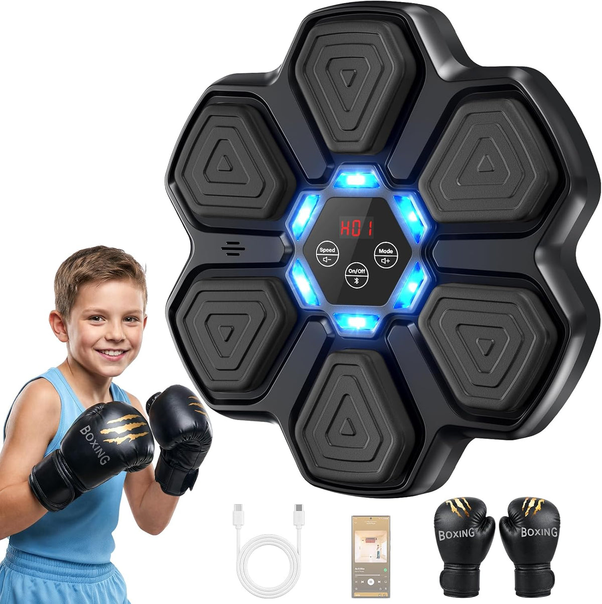 Máquina de boxeo musical para niños, entrenador de boxeo Bluetooth montado en la pared con guantes de boxeo, ideas de juguetes de boxeo para niños y niñas de 3, 4, 5, 6, 7, 8, 9, 10, 11, 12 años
