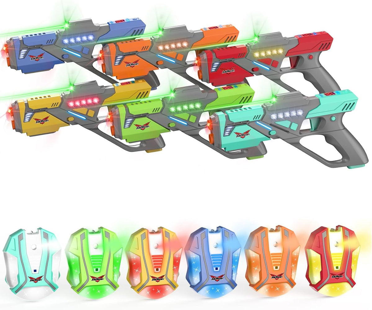 Juego de 6 pistolas láser recargables con chalecos, juego de 6 pistolas láser mejoradas con efecto de niebla y LED digital, juguete multijugador para adolescentes, niños y niñas, regalo de juego de