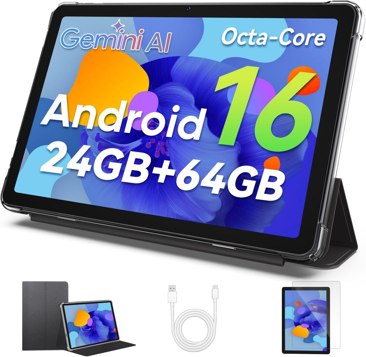 Tablet Android 16, tableta de 10 pulgadas con Octa-Core, 24GB RAM 64GB ROM 2TB Expand, Gris