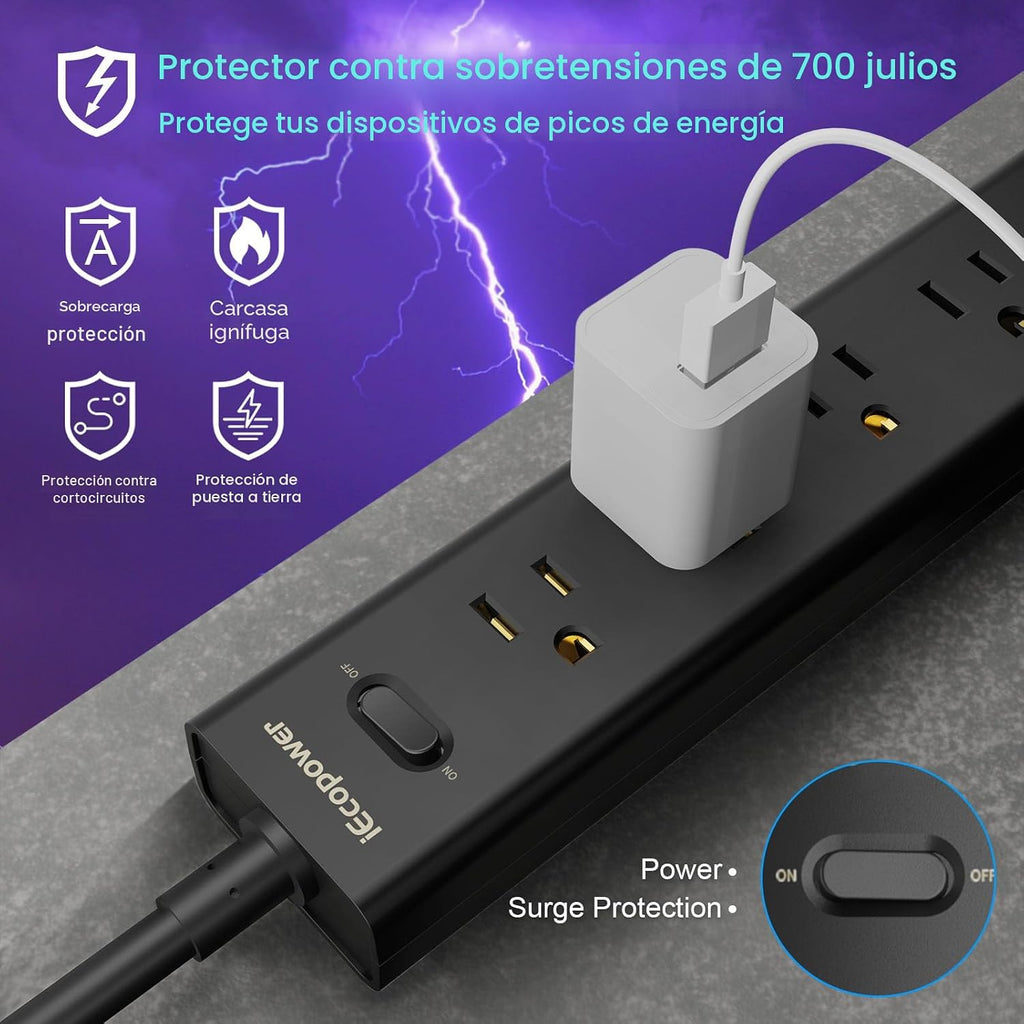 Paquete de 2 Regletas de Enchufes con Protección contra Sobretensiones - 5 Enchufes Ampliamente Espaciados, 3 Puertos USB (1 Puerto USB C), 1250W/10A con Cable de Extensión de 5 Pies, Regletas de