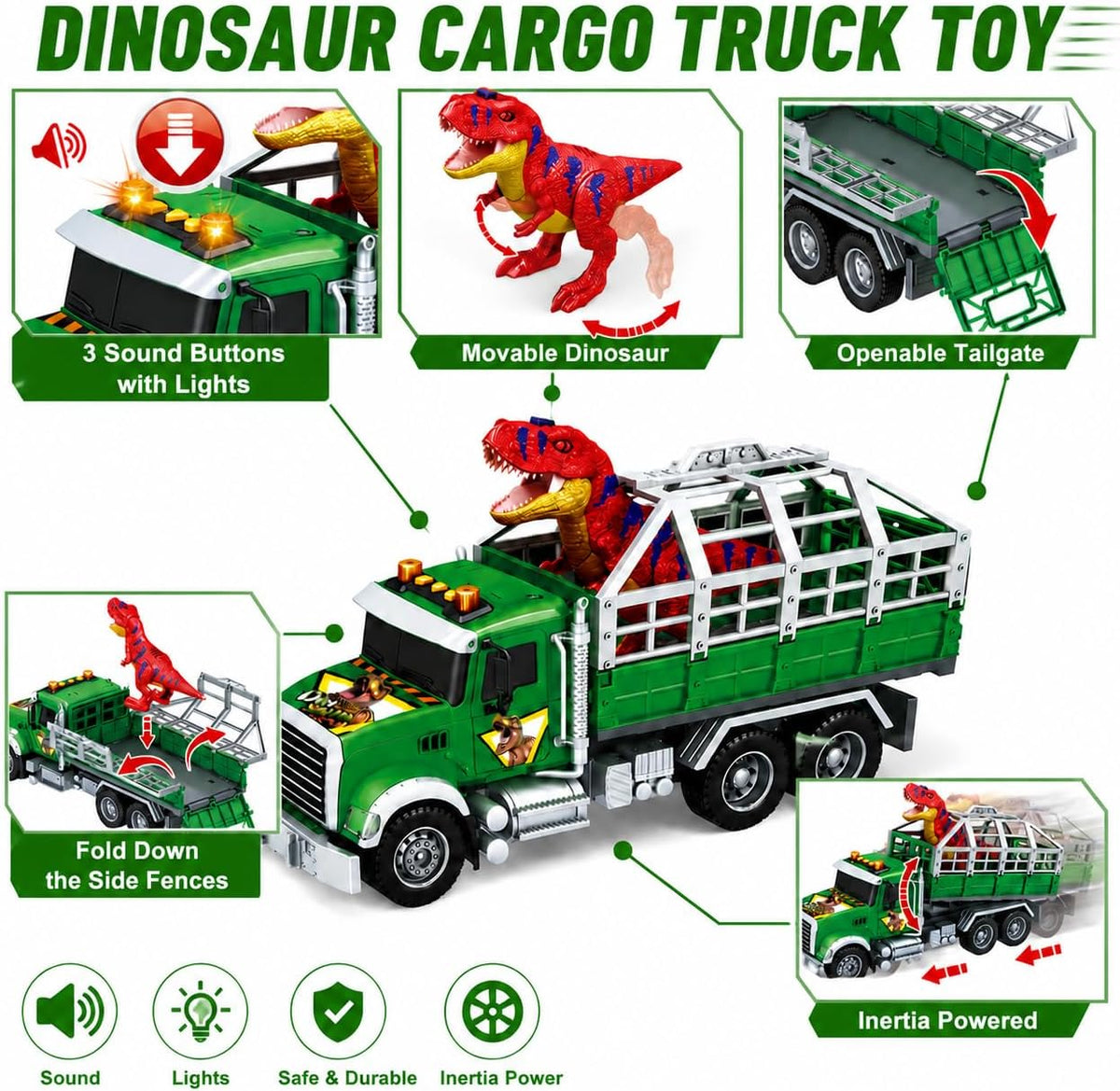 14" juguete verde del camión del dinosaurio, camión de remolque