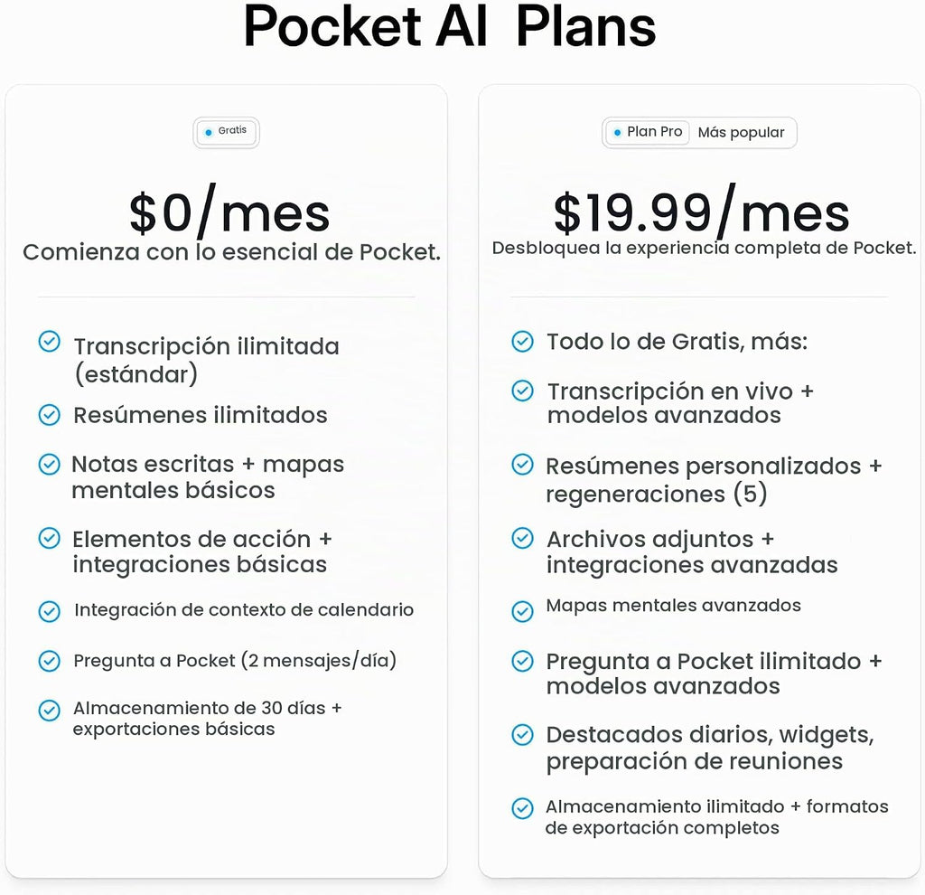 Pocket Grabadora de voz AI, transcripción automática, tomador de notas AI