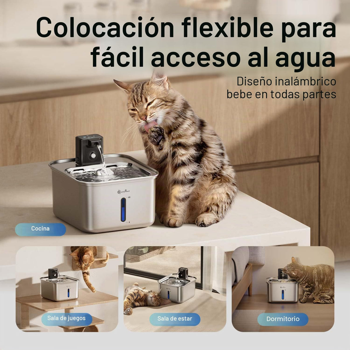 DownyPaws Fuente de agua para gatos Inalámbrica de acero inoxidable