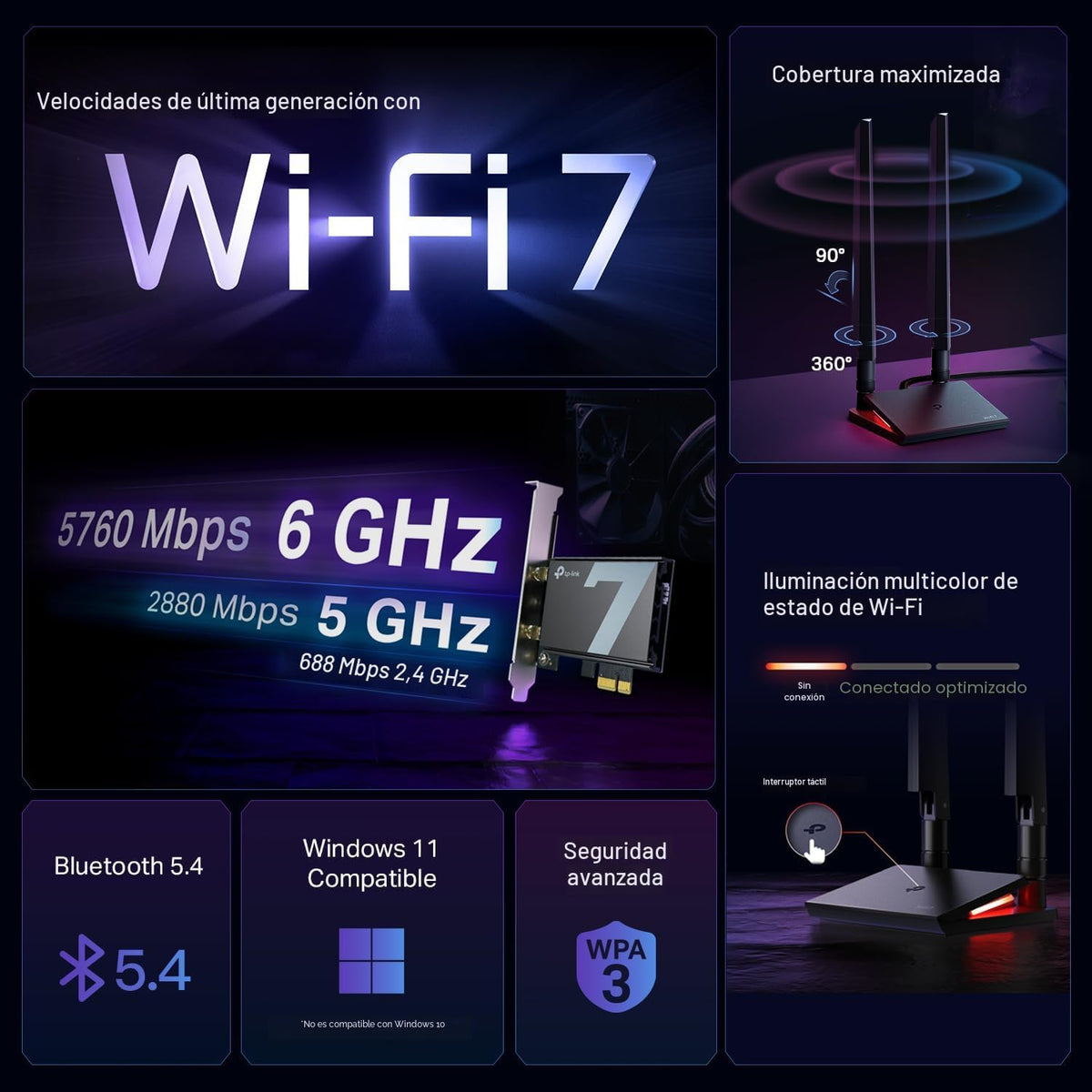 TP-Link Tarjeta WiFi 7 BE9300 PCIe WiFi para PC de escritorio | Tar...