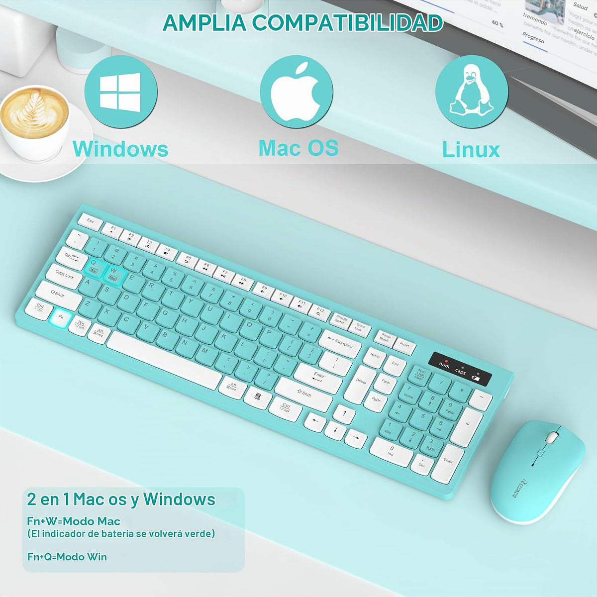 RECCAZR Combo de teclado y mouse inalámbricos, teclado de tamaño co...