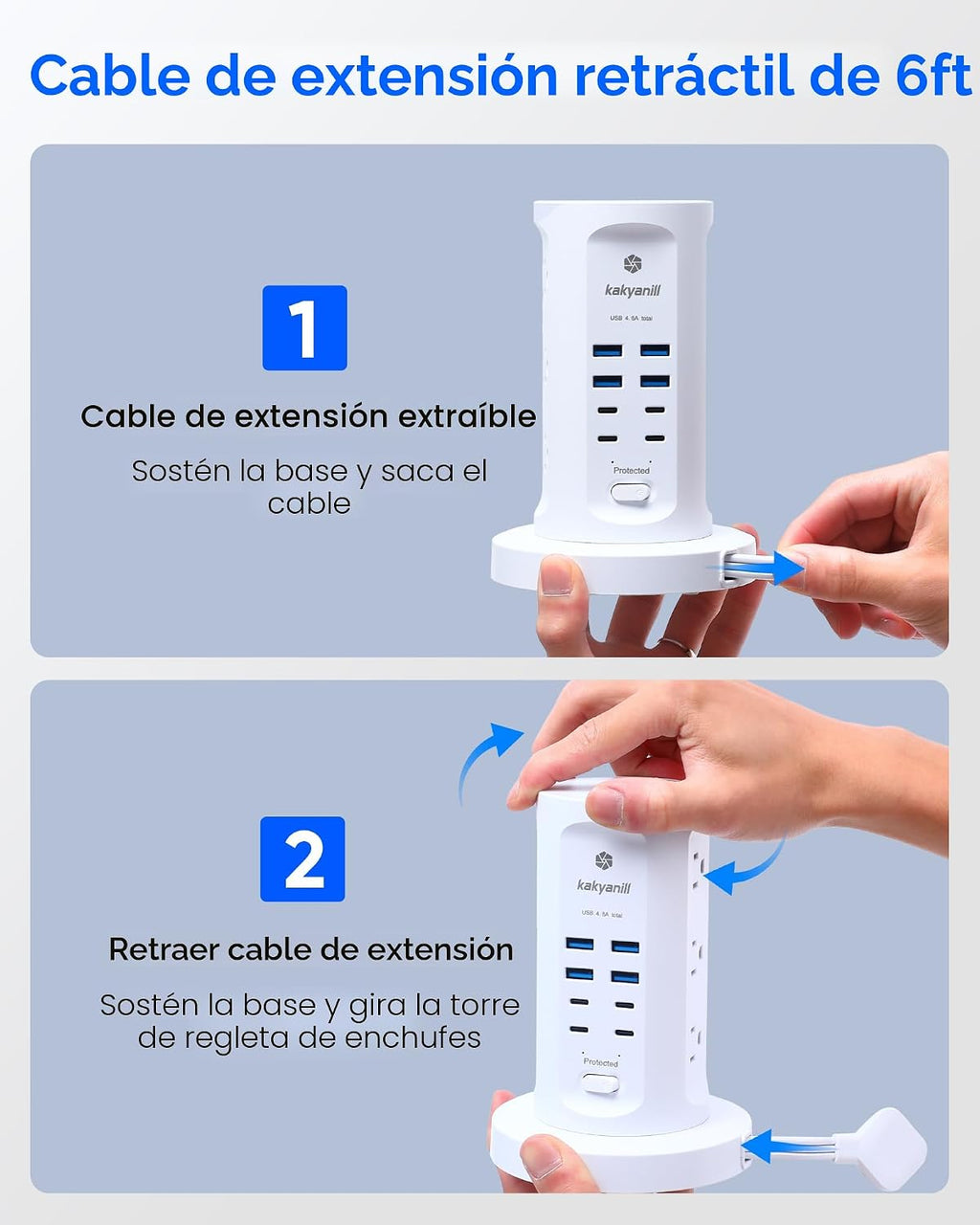 Torre de Regleta de Alimentación, kakyanill Torre Protector contra Sobretensiones 9 Tomas de CA 8 USB (4 USB C), Cable de Extensión Retráctil de 6 Pies, Estación de Carga para Oficina Cuarto de