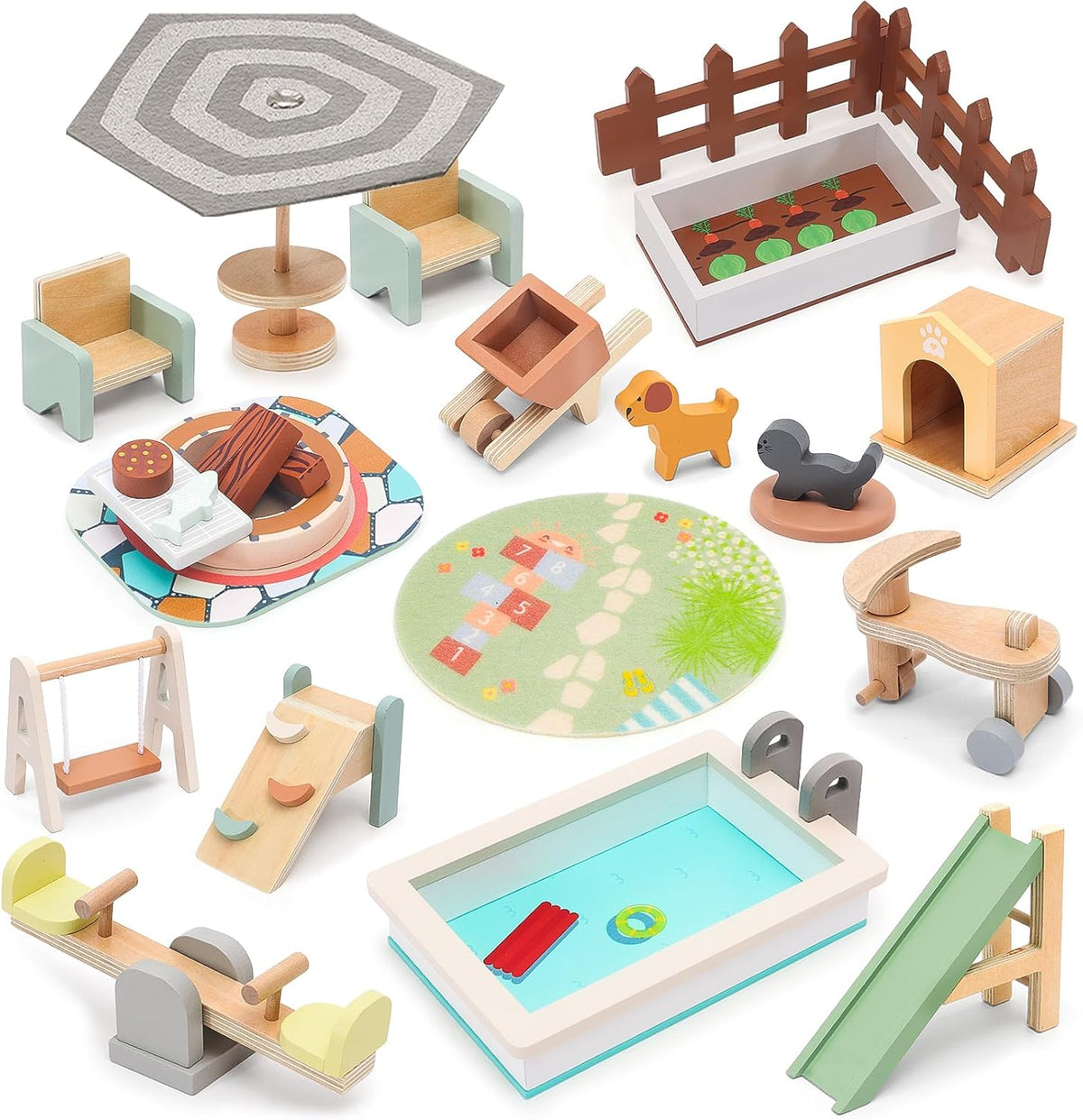 HAPGFS Casa de muñecas de madera, muebles y accesorios para exterio...