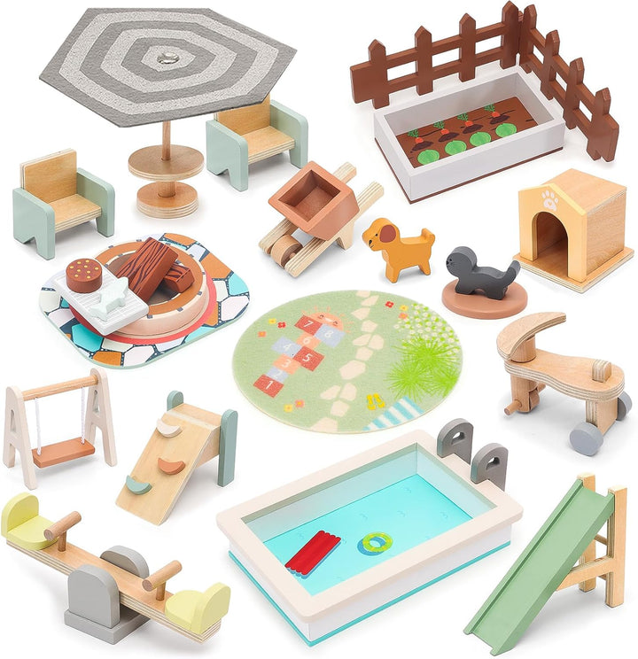 HAPGFS Casa de muñecas de madera, muebles y accesorios para exterio...