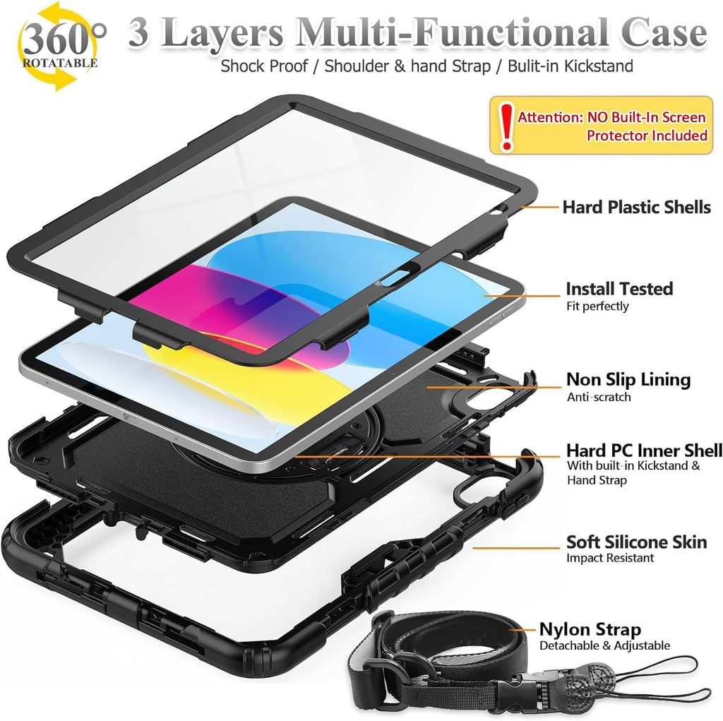 BMOUO Funda para iPad (A16) 11ª generación de 11 pulgadas 2025/iPad de 10.9 pulgadas 2022, soporte giratorio 360 y soporte para lápices y correa de mano y hombro a prueba de golpes, funda para iPad de