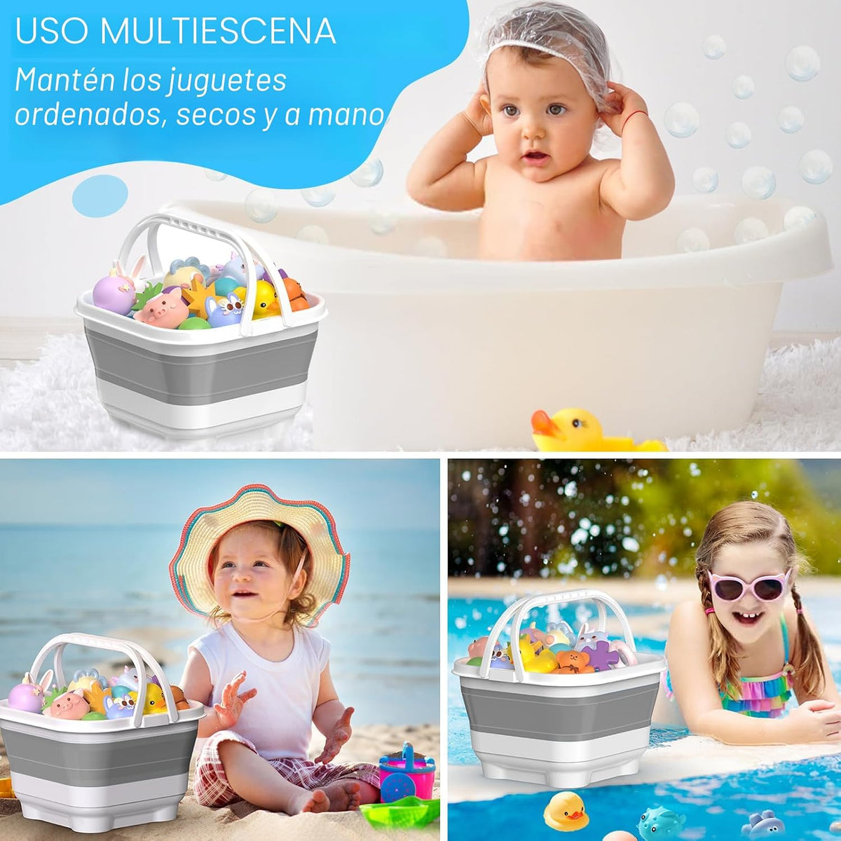 Anivia - Organizador plegable de almacenamiento de juguetes de baño con base extraíble, color gris