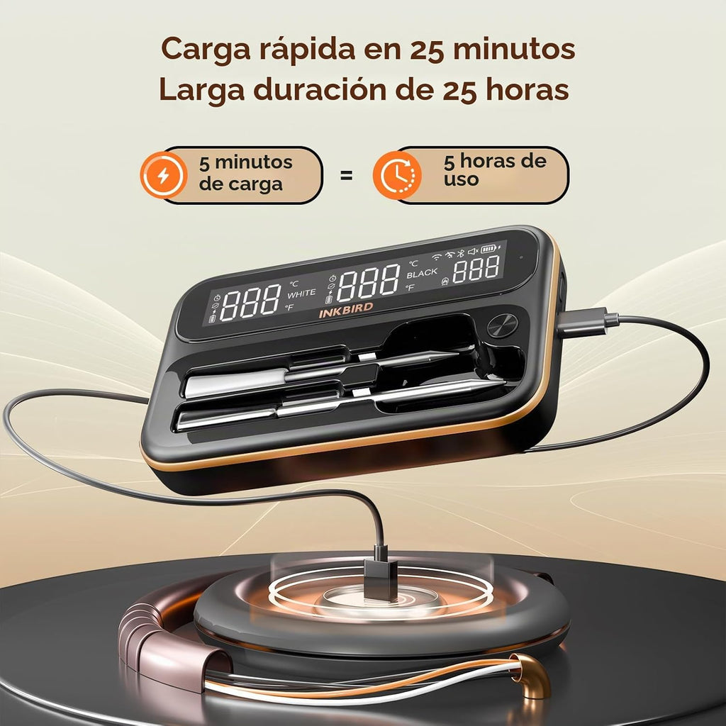 Termómetro inalámbrico WiFi para carne de 5GHz y 2.4GHz, termómetro inteligente WiFi INKBIRD con 2 sondas codificadas por tamaño y rango ilimitado, termómetro Bluetooth 5.4 con LCD legible de 360°