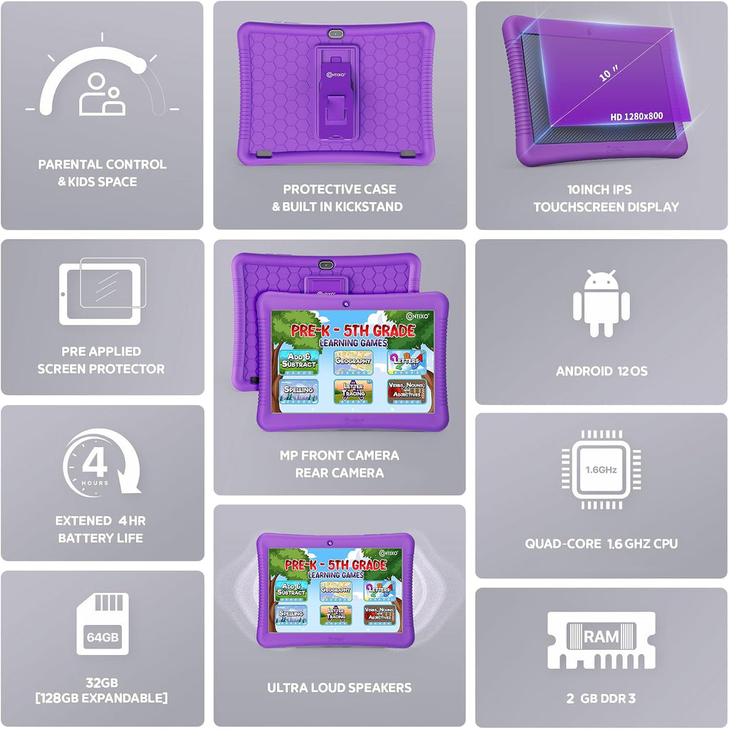 Contixo Paquete de tabletas Android para niños de 10 pulgadas, 32 GB, Epic! y aplicaciones educativas LingoKids, controles parentales, funda a prueba de niños con soporte y lápiz capacitivo, auriculares y bolsa de funda, color morado