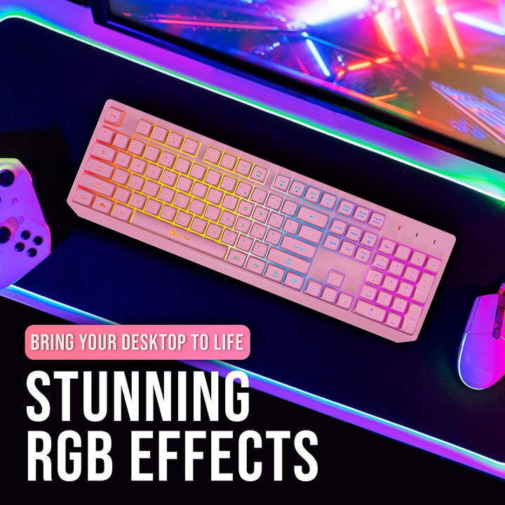 Teclado inalámbrico KLIM Chroma Rosa \u2013 Retroiluminación RGB, B...