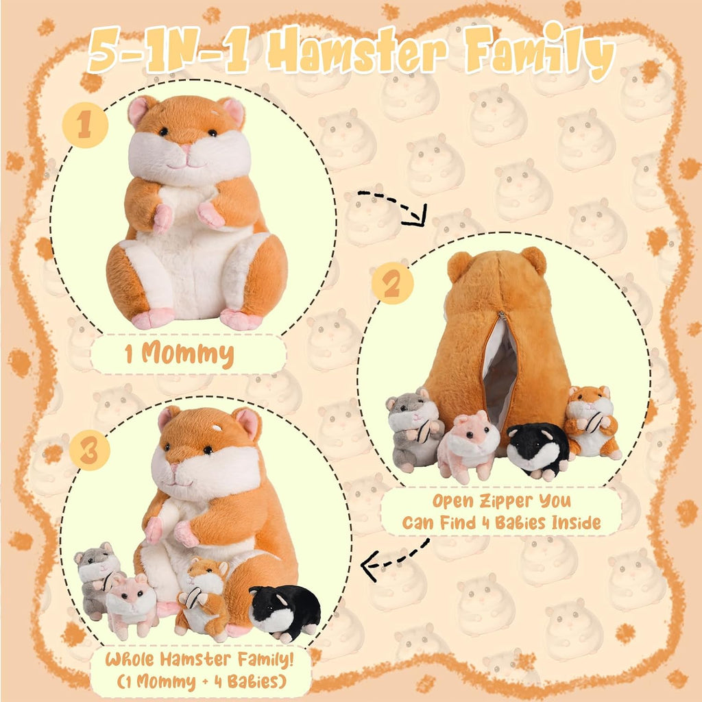 Peluche de hámster, 12'' Mamá con 4 hámsteres pequeños de colores