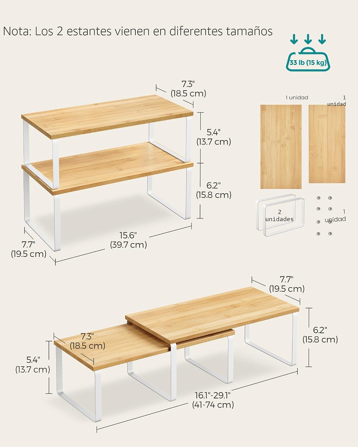 SONGMICS Estante Organizador de Gabinete, Juego de 2 Estantes de Encimera de Cocina, Almacenamiento de Cocina, Estante de Especias, Apilable, Expandible, Metal y Madera Diseñada, Blanco Nube y Beige