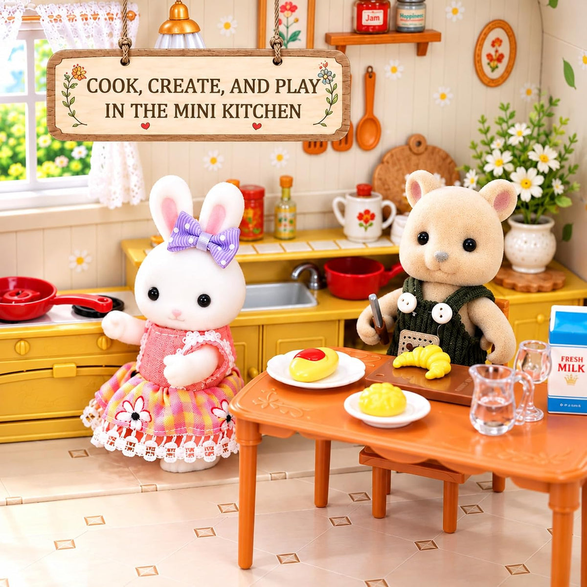Juego de maletas de muebles de cocina para niños, 2 muñecas flexibles de