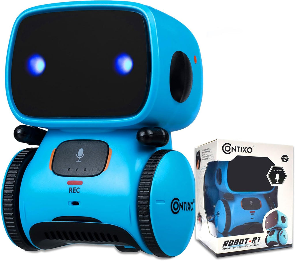Contixo R1 - Robot de juguete para niños, robots inteligentes interactivos azules con control de voz, hablar, bailar, aprendizaje, sensor táctil, juguete portátil educativo compacto para niños y niñas de 3 a 8 años, regalos de cumpleaños