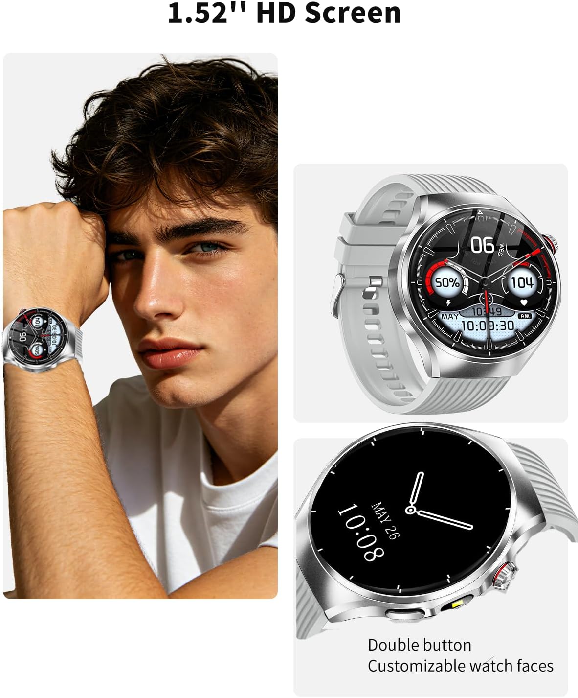 Reloj inteligente para hombre, reloj inteligente de llamadas Bluetooth con batería de 1000 mAh, pantalla táctil HD de 1.52 pulgadas, más de 100 modos deportivos, monitor de frecuencia cardíaca
