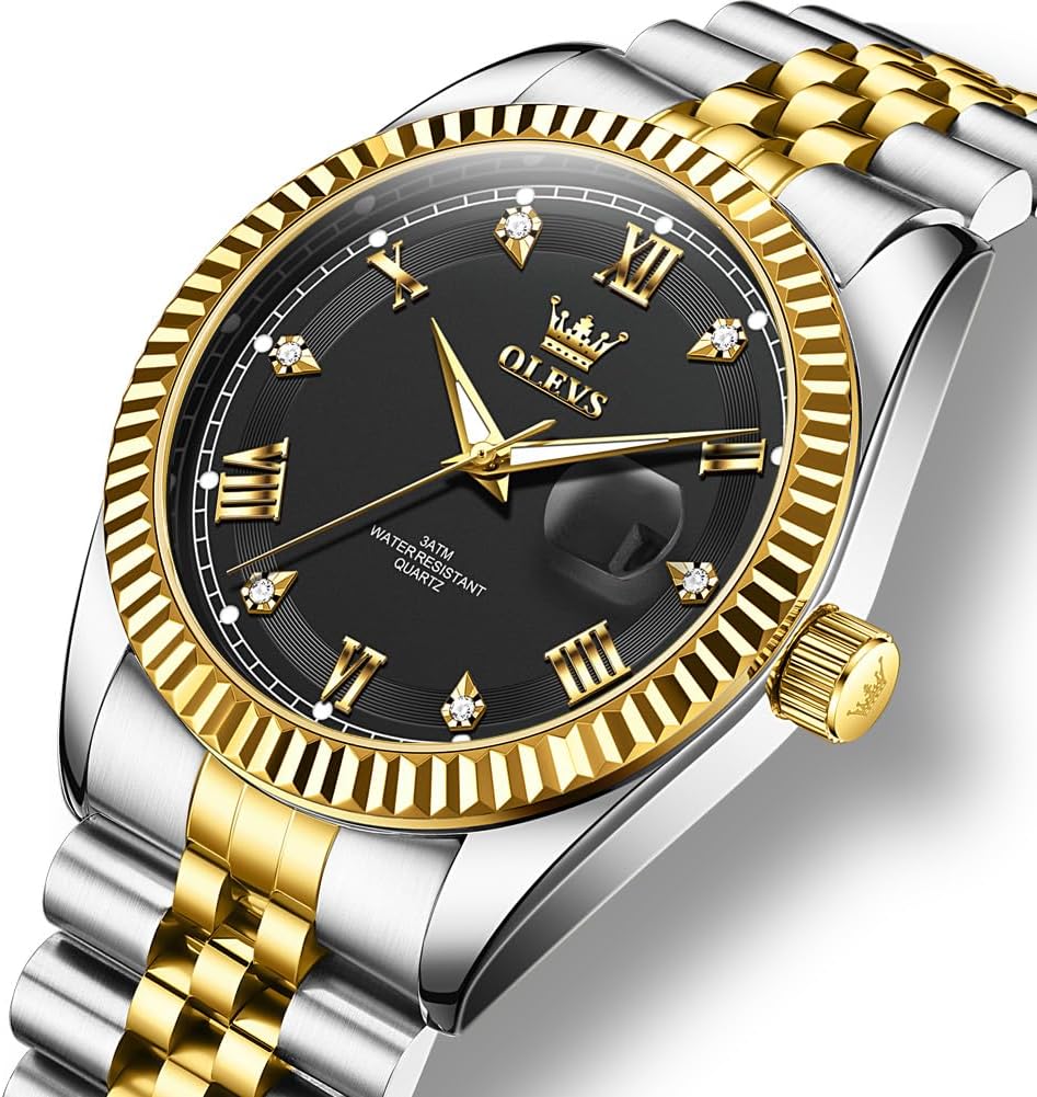OLEVS Reloj Clásico para Hombre Diamante Analógico Lujo Acero Inoxidable a Dos Tonos Resistente al Agua con Fecha Luminous para Hombres
