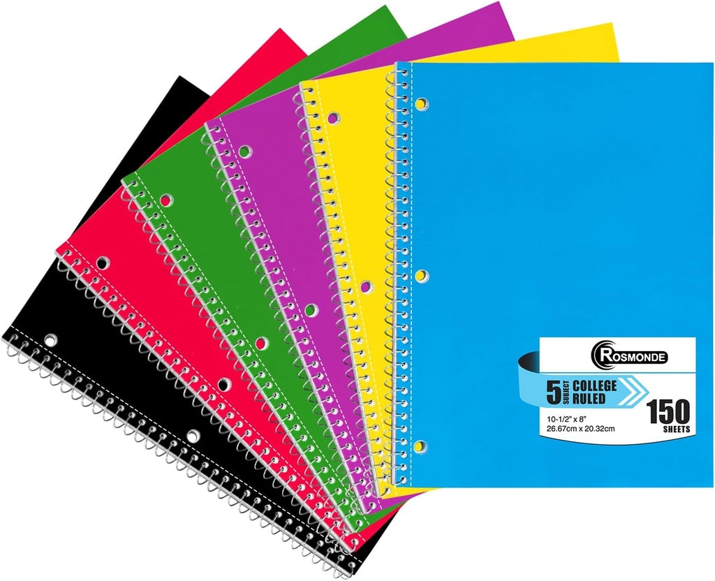Cuaderno de 5 asignaturas a rayas universitarias, paquete de 6, 300 páginas (150 hojas), 8 x 10-1/2", cuadernos espiralados de 5 asignaturas a rayas universitarias para escuela y oficina