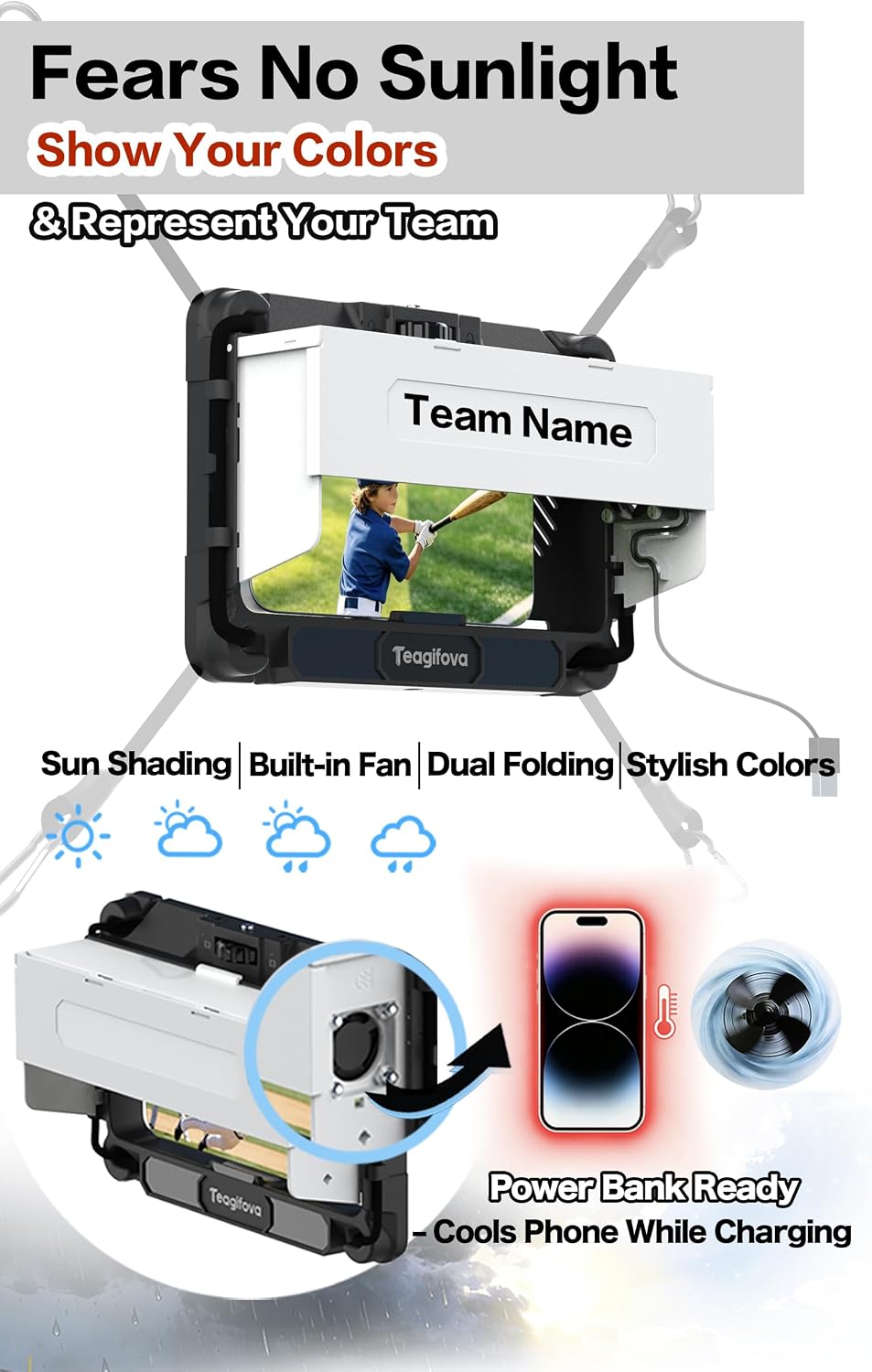 Gamechanger - Soporte para valla de teléfono con parasol y ventilador de enfriamiento, kit de montaje para béisbol, softbol, tenis, kit de transmisión para iPhone, visión clara y sin barras