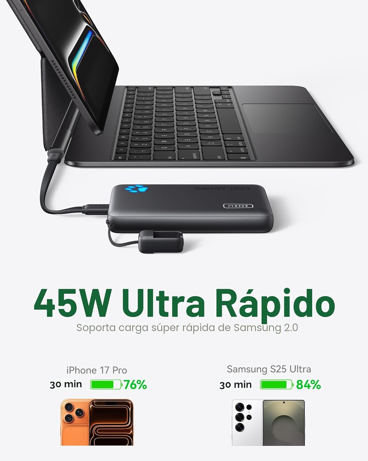 INIU Cargador portátil, ultra delgado de 45W de carga rápida con ca...