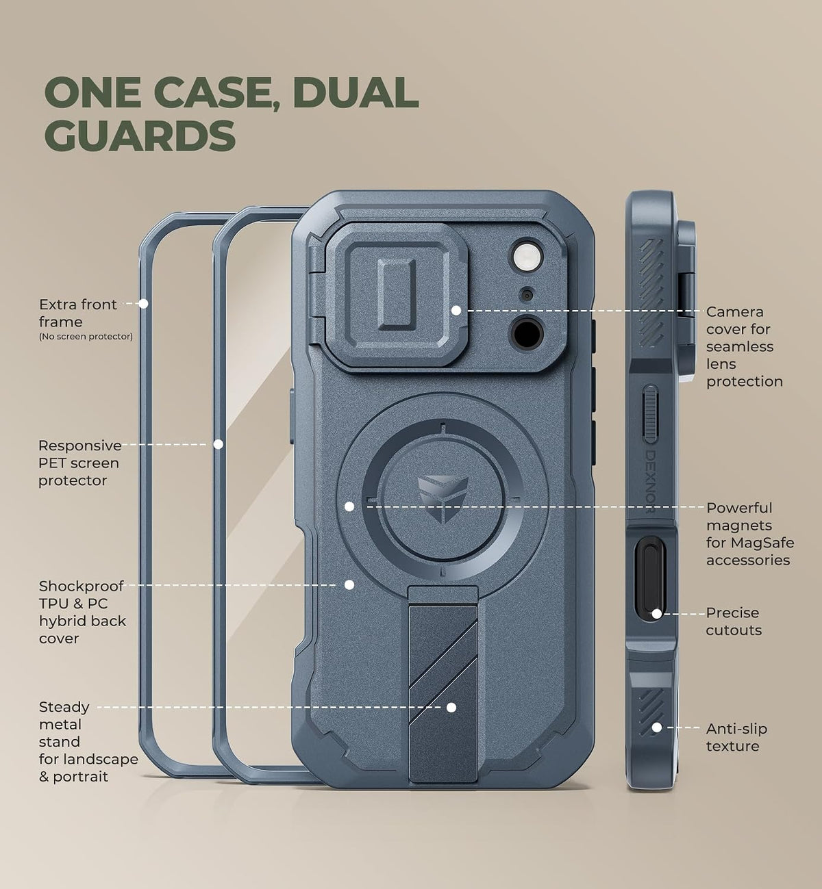 Dexnor Funda para teléfono Pro 2026/2025, [2 marcos frontales, cubierta de cámara abatible integrada y soporte de soporte], compatible con MagSafe, funda resistente a prueba de golpes con protector de