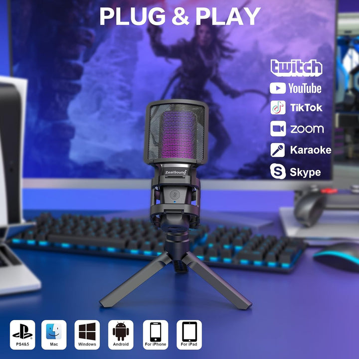 ZealSound Micrófono USB para juegos para PC, micrófono de computado...