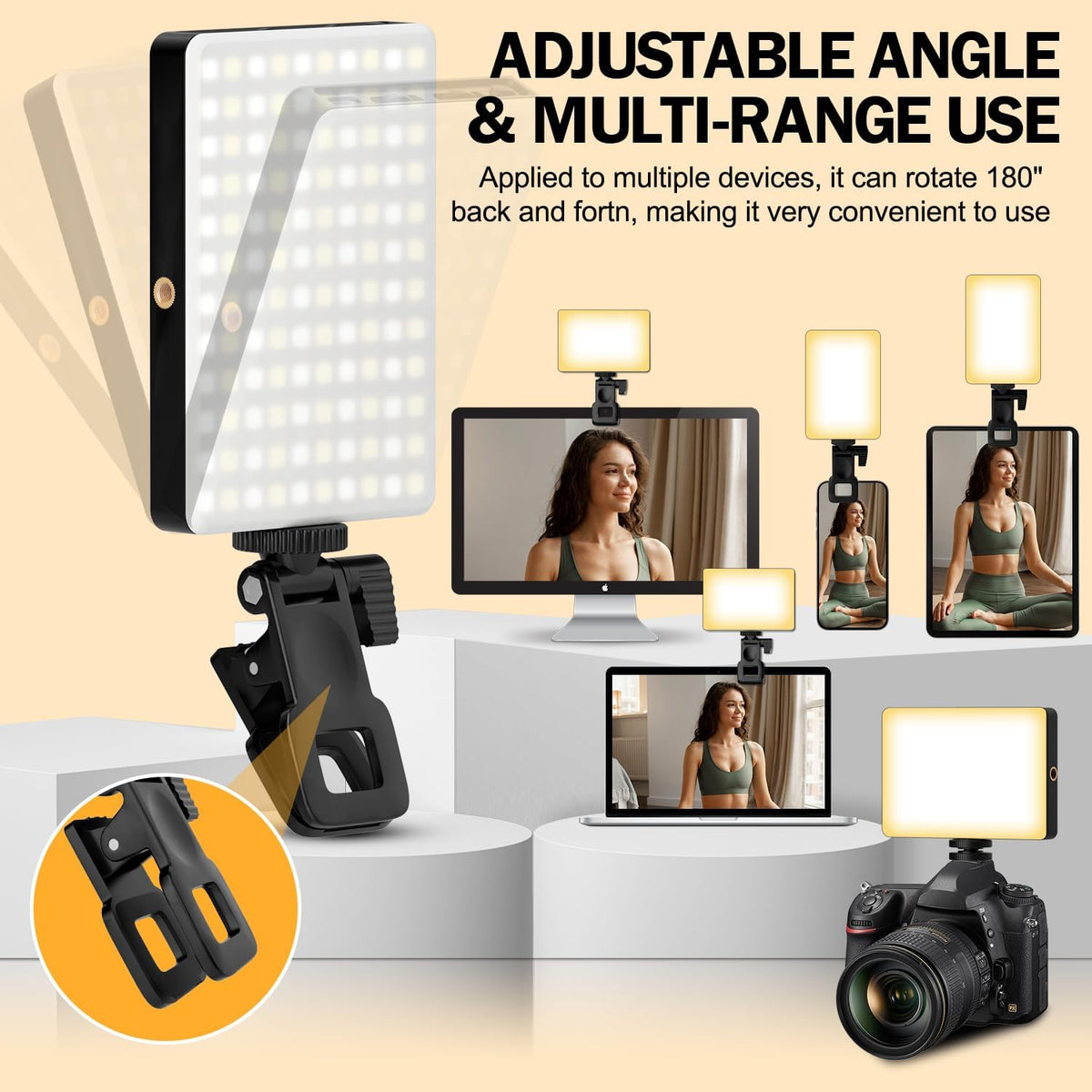 Luz de selfie de 120 LED para iPhone, luz de teléfono portátil con clip y adaptador de trípode de cámara, recargable de 5000 mAh, 3 modos de iluminación, CRI 97+ para grabación de video, TikTok, anillos de montaje de trípode