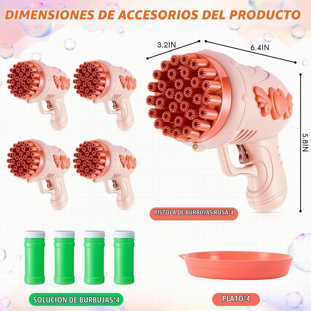 Paquete de 4 pistolas de burbujas de boda de 32 agujeros con luz, solución de botellas, fabricante de burbujas romántico para ceremonia al aire libre, recuerdos de fiesta de boda, accesorios de fotos, entretenimiento de recepción (rosa)