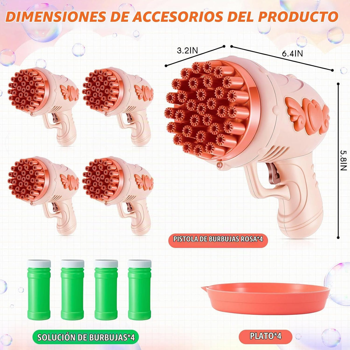Paquete de 4 pistolas de burbujas de boda de 32 agujeros con luz, solución de botellas, fabricante de burbujas romántico para ceremonia al aire libre, recuerdos de fiesta de boda, accesorios de fotos, entretenimiento de recepción (rosa)