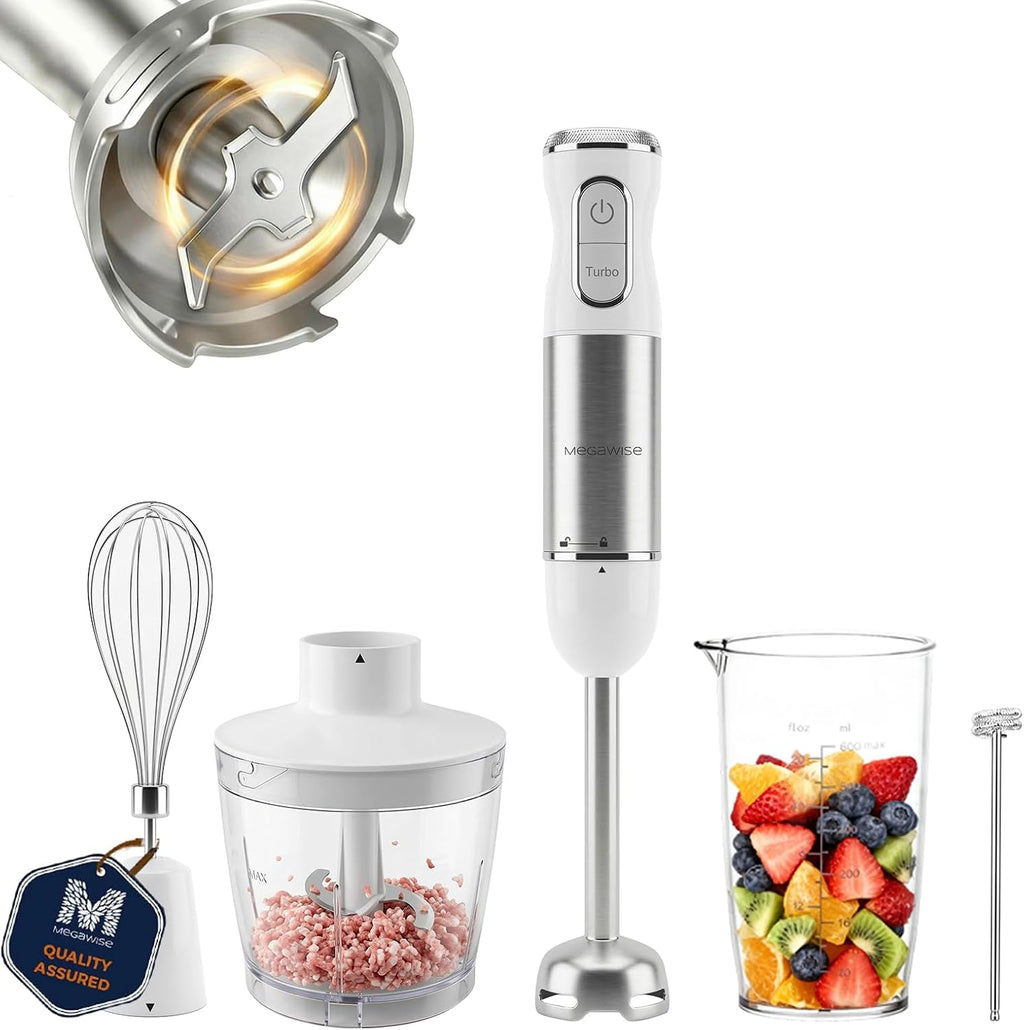 MEGAWISE Batidora de mano de inmersión 5 en 1, potente batidora de varilla de 1100 W con batidor, picadora, espumador de leche y vaso de precipitados, velocidad variable y turbo, cuchillas de acero