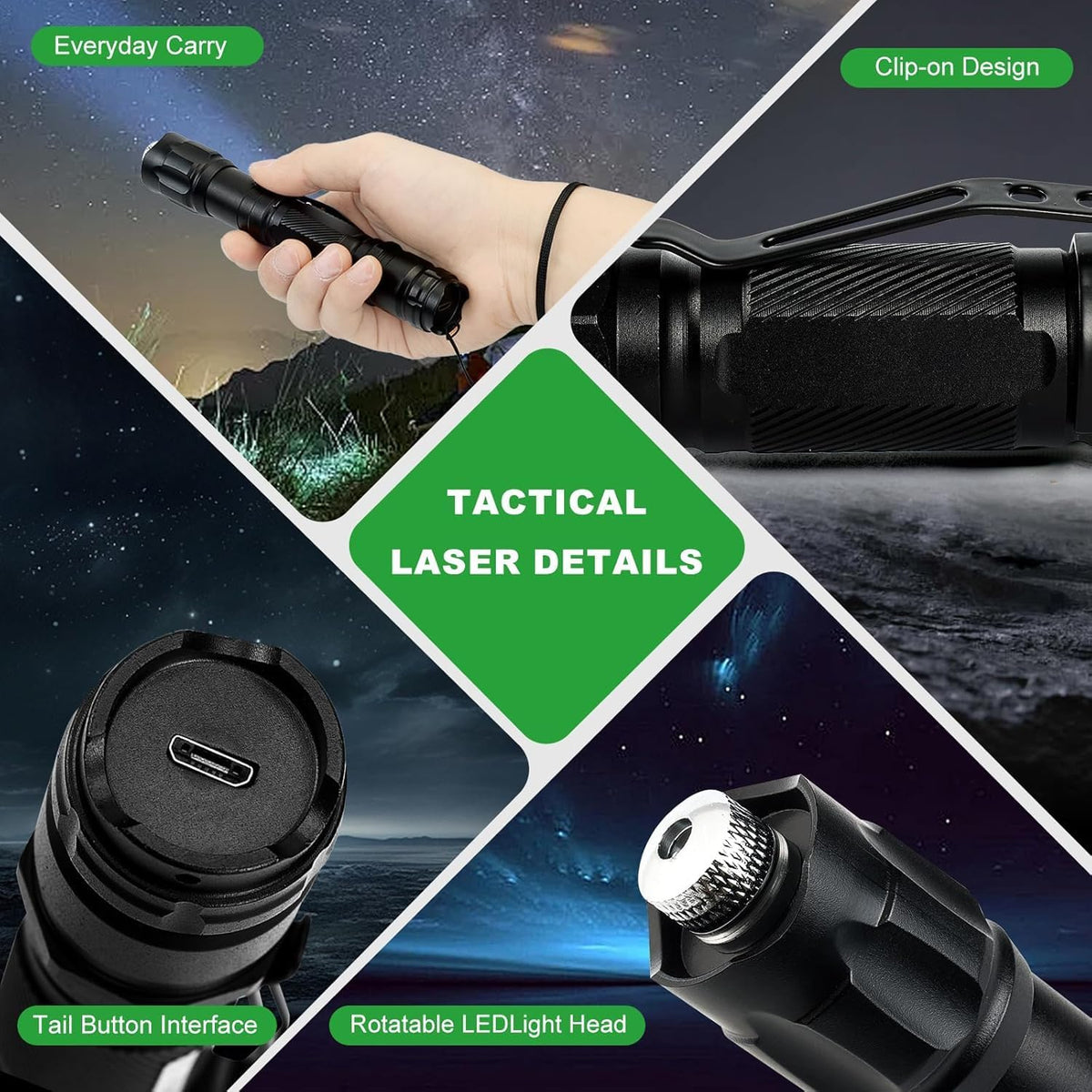 puntero láser verde, recargable por USB, enfoque ajustable