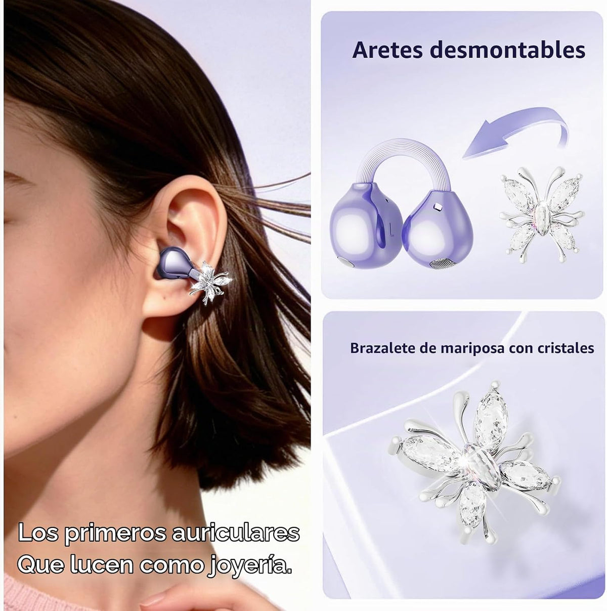 2026 Gran regalo con clip en auriculares con diseño de corazón y aretes de mariposa desmontables, auriculares inalámbricos Bluetooth 6.0 para mujer, IPX6 impermeable, tiempo de reproducción de