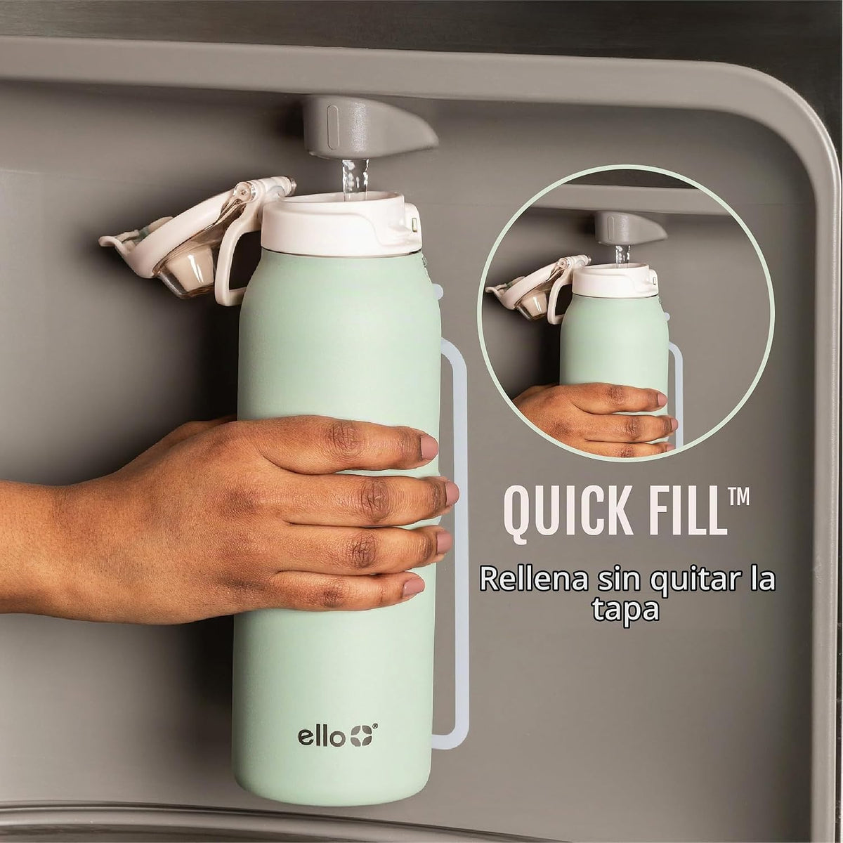Ello Pop & Fill - Botella de agua aislada de acero inoxidable con tapa de llenado rápido, cierre a prueba de fugas, boquilla para sorber o beber, sin BPA, doble pared aislada al vacío para deportes