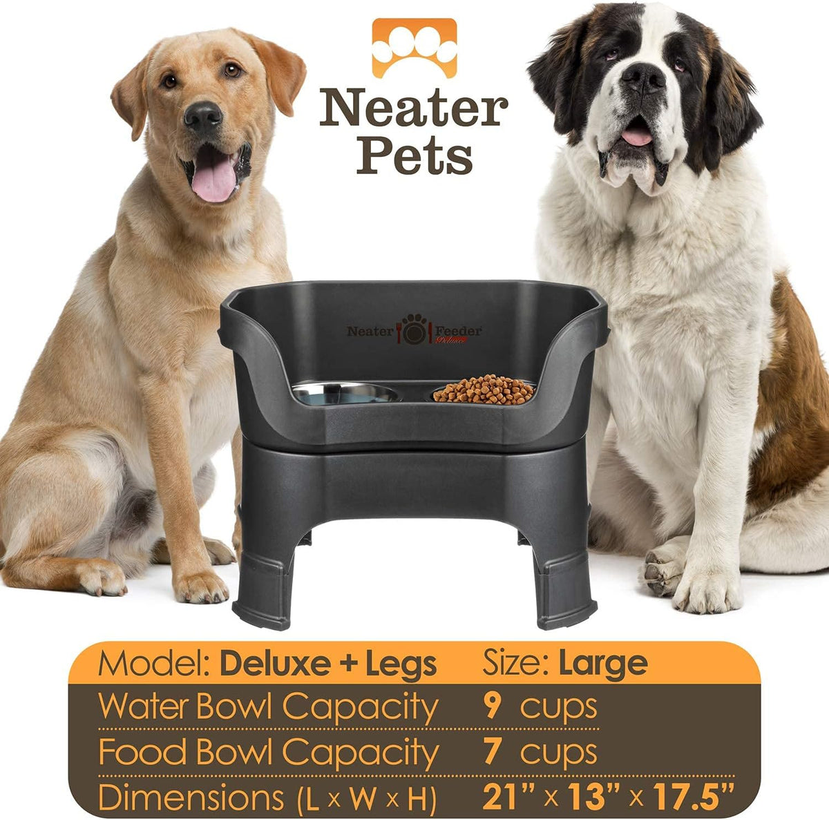 Neater Feeder - Tazones elevados de lujo para perros grandes a prueba de desorden (40 + libras), 2 alturas ajustables (14.5 y 17.5 pulgadas), soporte elevado para tazón de perro sin derrames, juego de cuencos de comida de acero inoxidable, fabricado en