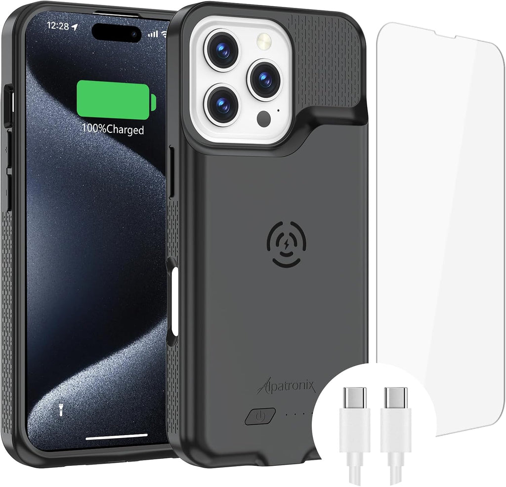 Alpatronix Funda de batería para iPhone 16 Pro Max, funda protectora delgada y portátil para cargador extendido, carga rápida de 15 W, alta capacidad con funda de carga inalámbrica (BX16PM), color negro
