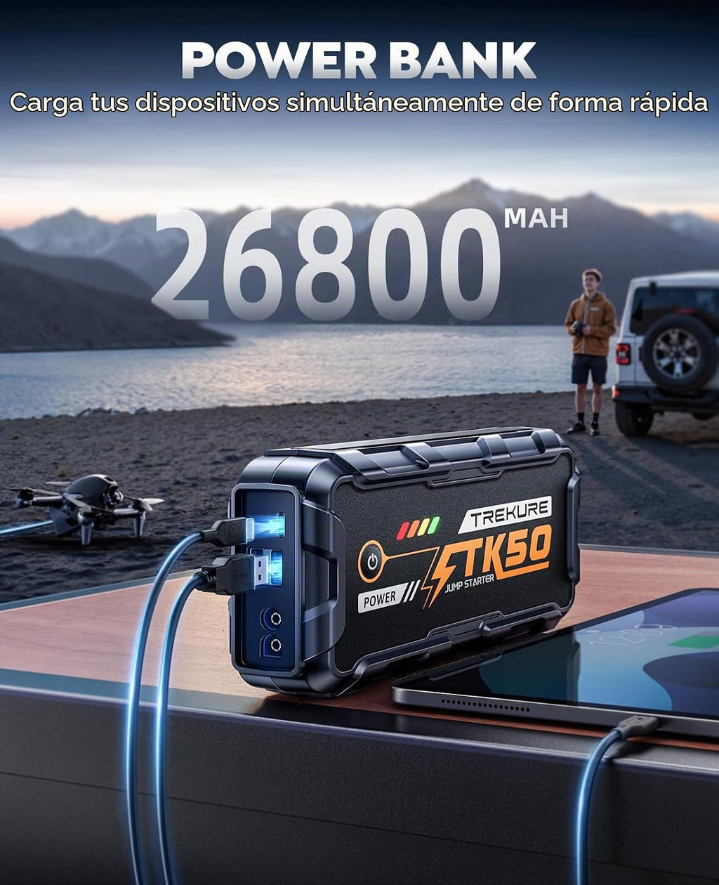 TREKURE Arrancador de batería de coche 8000A 26800mAh, arrancador de coche portátil para todos los motores de gasolina y diésel de 12L, banco de energía y puente de batería, batería portátil de coche